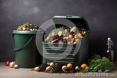Compost containers on a dark background. Stock Photo