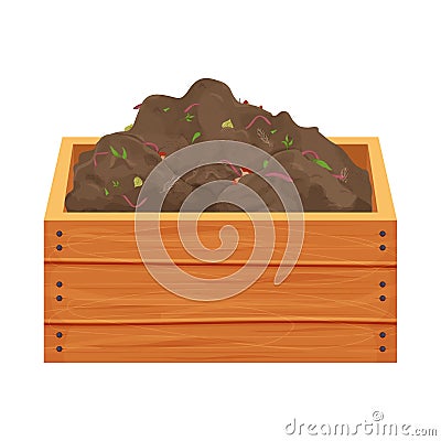 Compost pile with organic garbage and earthworms in wooden box in cartoon style isolated on white background. Recycle Vector Illustration