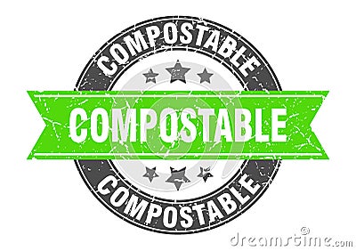 compostable round stamp with ribbon. label sign Vector Illustration