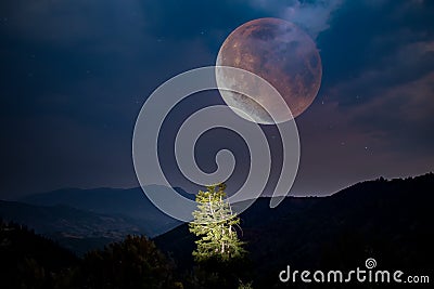 Composted dreamy picture of a giant moon over the mountains Stock Photo