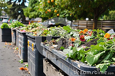 Composting bins on a city street. An urban composting program. Stock Photo