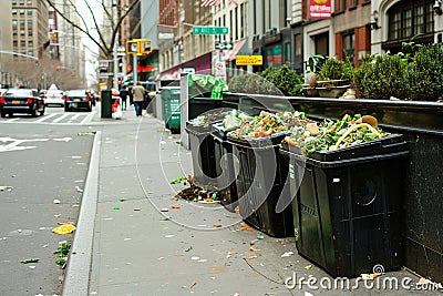 Composting bins on a city street. An urban composting program. Stock Photo