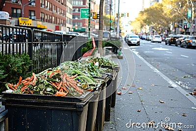 Composting bins on a city street. An urban composting program. Stock Photo