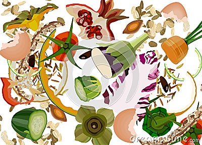 Composting pile of rotting kitchen fruits and vegetable scraps garbage waste Vector Illustration