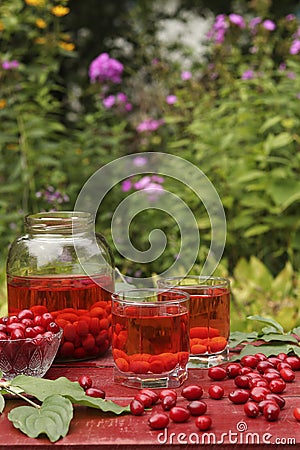 Compote with dogwood in two transparent glasses and jar on a red wooden table on the garden, Vertical format, Copy space Stock Photo