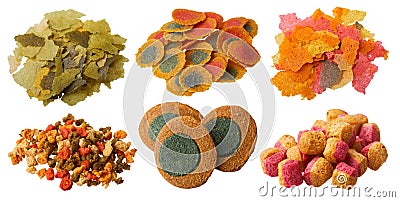 Compound aquarium fish feed wafers, flakes, granules and pellets isolated Stock Photo