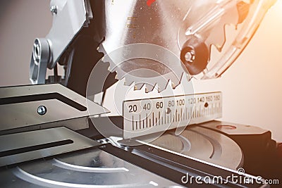 Compound mitre saw. Wood and sawing machine construction ideas concept Stock Photo