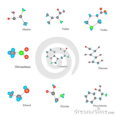 Compound molecule icons set, cartoon style Vector Illustration