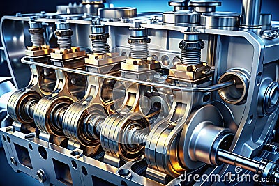 Comprehensive Cutaway View of an Automotive Engine Block Unveiling Internal Components and Mechanisms Cartoon Illustration