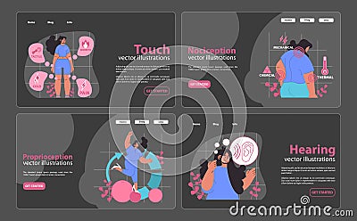 Comprehensive senses web banners set. Touch, nociception, proprioception. Vector Illustration