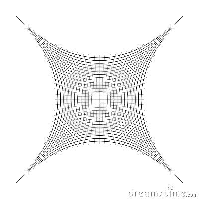 Compressed, squeeze, squish distortion on grid, mesh. concave 4-point star-like shape made of array, lattice of curved, arc lines Vector Illustration