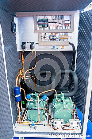 Compressor stations. Refrigeration equipment. Condensing units for refrigeration systems Stock Photo