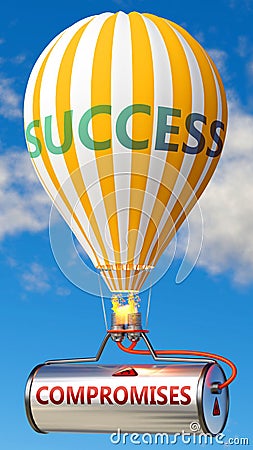 Compromises and success - shown as word Compromises on a fuel tank and a balloon, to symbolize that Compromises contribute to Cartoon Illustration