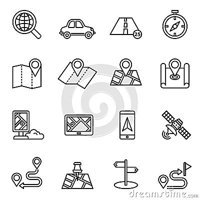 Maps, location and navigation icon set with white background. Thin line style stock vector. Vector Illustration