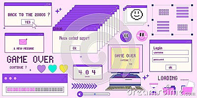 Big sticker set in trendy y2k style. Old computer aestethic. Retro pc elements, user interface. Nostalgia for 1990s -2000s. Vector Illustration