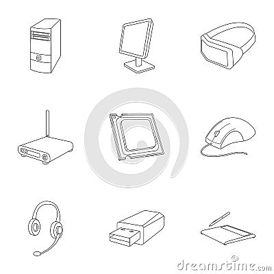 Computer accessories. Headphones, computer parts, accessories.Personal computer icon in set collection on outline style Vector Illustration