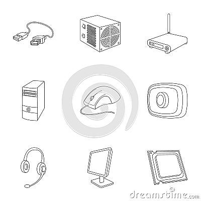 Computer accessories. Headphones, computer parts, accessories.Personal computer icon in set collection on outline style Vector Illustration