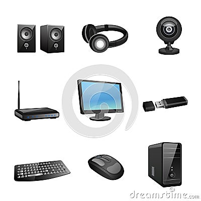 Computer accessories icons black Vector Illustration