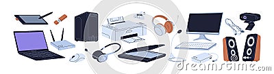 Computer accessories set. PC equipment, devices. Keyboard, mouse, headset and headphones, microphone, router, scanner Vector Illustration