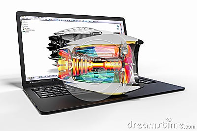 Computer aided design with 3D software. airplane engine development with the help of a computer software Stock Photo