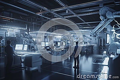 Computer aided manufacturing M2M automation technology industry 4.0 engineering, 3D robot teamwork working meeting in factory Stock Photo