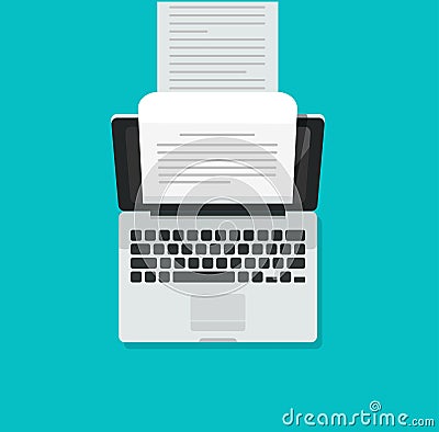 Computer aka typewriter vector illustration, flat cartoon laptop pc and long written text document, concept of Vector Illustration