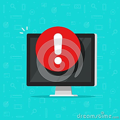 Computer with alarm or alert sign vector icon, flat pc display with exclamation sign, concept of danger or risk message Vector Illustration