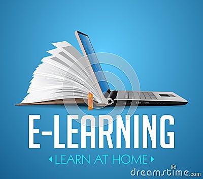 Computer as book knowledge base concept - laptop as elearning idea - stay at home and learn without going to school Vector Illustration