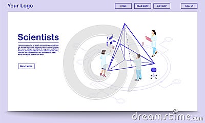 Computer assisted science isometric webpage template. Scientists with AI assistant. Geometry experts calculating pyramid Vector Illustration