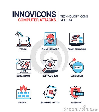 Computer attacks - colorful line design style icons Vector Illustration