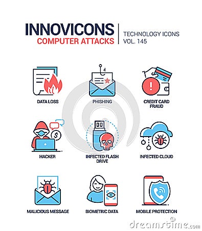 Computer attacks - colorful line design style icons Vector Illustration