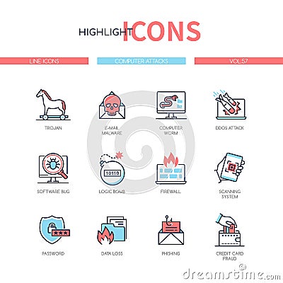 Computer attacks - line design style icons set Vector Illustration