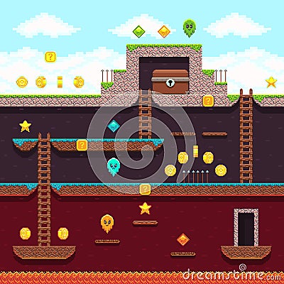 Computer 8 bit pixel video game. Platform and arcade vector design Vector Illustration