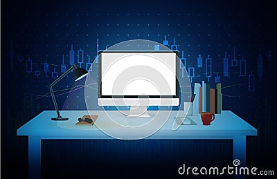 Computer blank screen on work table of investor. Vector Illustration