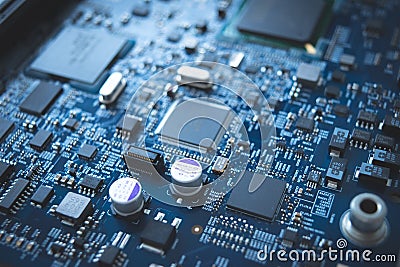 Computer board chip circuit cpu core blue technology background Stock Photo