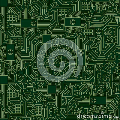 Computer board chip green pattern. Modern motherboard with seamless green pattern abstract. Vector Illustration