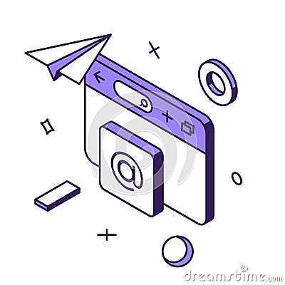 Computer browser internet content creation information searching social networks isometric vector Vector Illustration