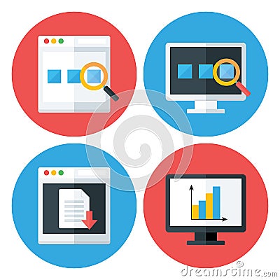 Computer Browser Technology Flat Circle Icons Set Vector Illustration