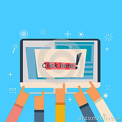 Computer with the button click here. Hands point to the inscription Vector Illustration