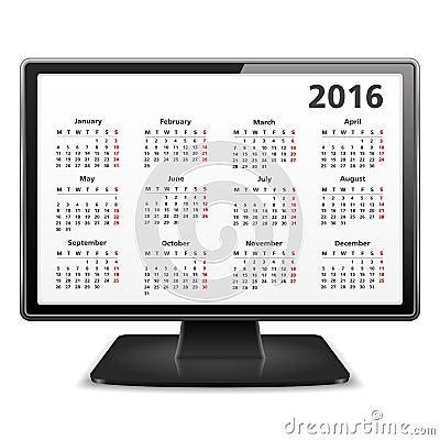 Computer with 2016 Calendar Vector Illustration