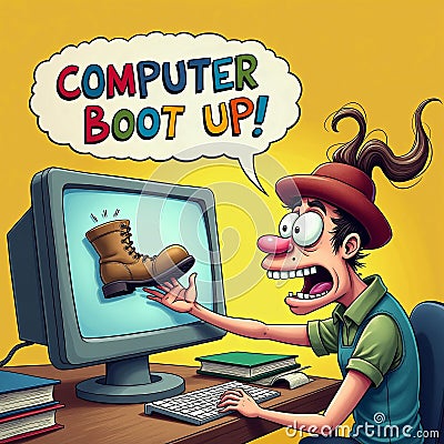 Computer Cartoon Sign boot up start reboot system user restart software information Cartoon Illustration