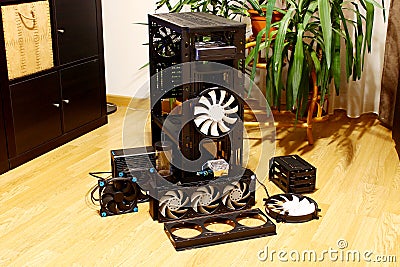 Computer case water cooling fans pump reservoir Stock Photo