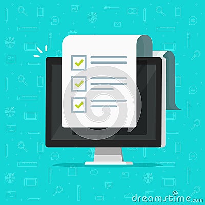 Computer and checklist vector illustration, flat cartoon pc monitor with long paper document and to do list with Vector Illustration