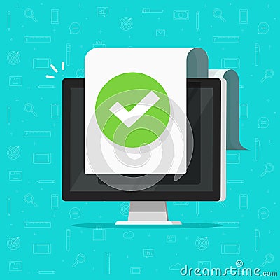 Computer with checkmark or tick notification on document vector icon, flat design pc with approved doc paper sheet, idea Vector Illustration