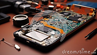 Computer chip disassembling reveals intricate electrical components generated by AI Stock Photo