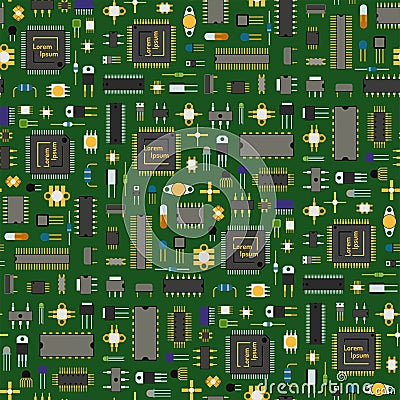 Computer chip technology processor circuit motherboard information system seamless pattern background vector Vector Illustration