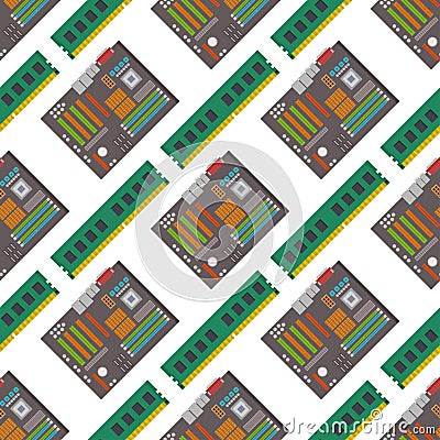 Computer chip technology processor seamless pattern background circuit motherboard information system vector Vector Illustration