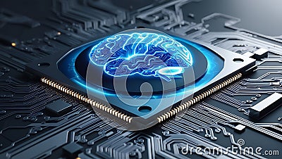 a computer circuit board with a glowing brain image on a processor. Stock Photo