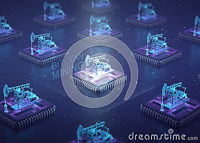 Computer Circuit Board with muliple asic chips and oil pump jacks on top of cpu. Blockchain Cryptocurrency Mining Stock Photo