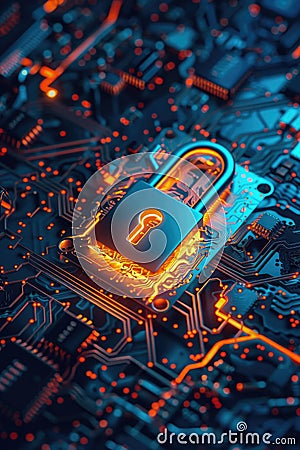 Computer circuit with a padlock, suitable for cybersecurity concepts Stock Photo